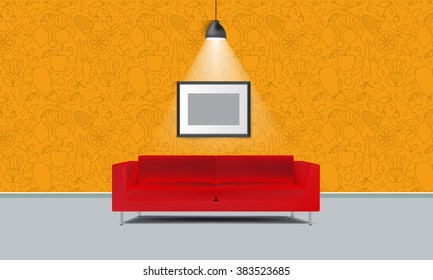 Realistic red sofa with photo frame. Interior with wall Healthy food - motivational pattern background with trendy linear icons and signs of fruits and vegetables