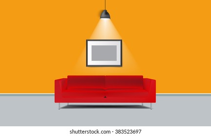 Realistic red sofa with photo frame and lamp light vector illustration. Interior with solid color wall and floor