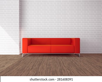 Realistic red sofa in room with wooden floor and white brick wall vector illustration