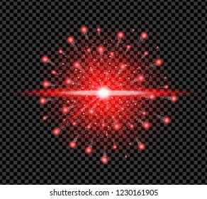 Realistic red sparkle effect isolated on transparent background. Firework, explosion, galaxy, fiery sparks concept. Vector illustration