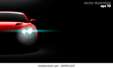 realistic red sport car view with unlocked headlights in the dark