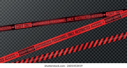 Realistic red 'Staff Only' restricted access tape with warning text on a transparent background. High-quality caution tape for security and restricted areas.