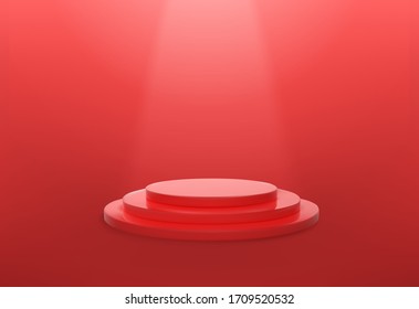 Podio del escenario rojo realista. Pastilla redonda ganadora. Lugar iluminado con foco. 3d plataforma vacía. Ilustración vectorial.