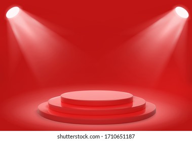 Podio del escenario rojo realista. Pastilla redonda ganadora. Lugar iluminado con foco. 3d plataforma vacía. Ilustración vectorial.