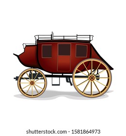 Realistic Red Stagecoach With Yellow Wheels Vector Illustration