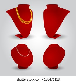 Realistic red stands for jewelry on light gray background