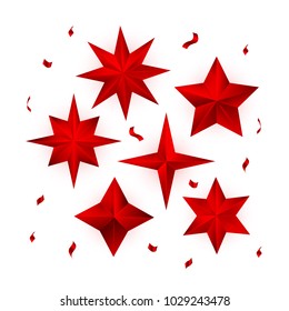 Realistic Red Stars vector set isolated on white background. Glossy 3D Christmas star icon. Design element for holidays.