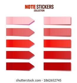 Realistic red sticky notes collection. Arrow flag tabs. Post note stickers. Colorful sticky paper sheets. Vector illustration.
