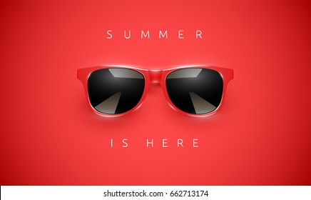 Realistic red sunglasses on red background, vector illustration