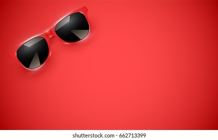Realistic red sunglasses on red background, vector illustration