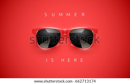 Realistic red sunglasses on red background, vector illustration