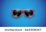 Realistic red sunglasses on blue background, vector illustration