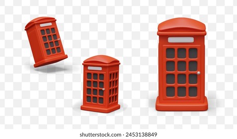 Realistic red telephone box, view from different sides. Bright symbol