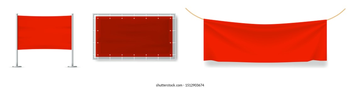 Realistic red textile banners set. Cotton fabric banners, blank flags, advertising posters of various forms, on a transparent background. Mockup realistic advertising vector isolated.