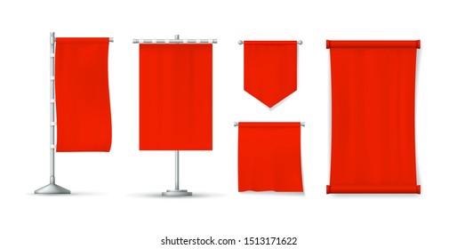 Realistic red textile banners set. Cotton fabric banners, blank flags, advertising posters of various forms, on a transparent background. Mockup realistic advertising vector isolated.