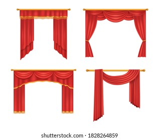 Realistic red theater curtains. Red silk velvet curtains and draperies design interior, theater stage decoration, wedding salon, cinema, hall opera. Luxury fabric texture isolated vector illustration