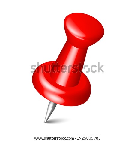 Realistic red thumbtack pin isolated on white background. Plastic 3d push pin, board needle for paper, note or map mark for your design. Vector EPS10