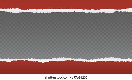 Realistic red torn open paper with space for text on transparent, horizontal background, holes in paper. Torn strip of paper with uneven, torn edges.
