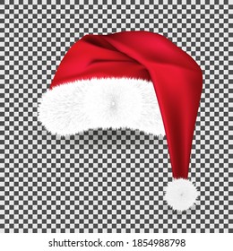 Realistic red traditional Santa Claus hat on transparent background. New year red hat for video chat photo effect or selfie face filter. Vector illustration of Christmas cap with fur