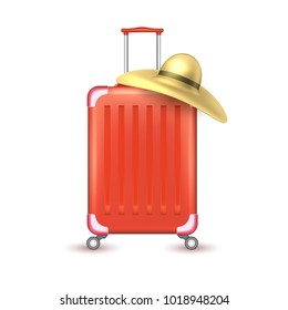 Realistic red travelling suitcase, bag with sun hat. Vector voyage plastic luggage case with handle wheel. Summer holiday vacation 3d trip touristic journey. Isolated illustration, white background