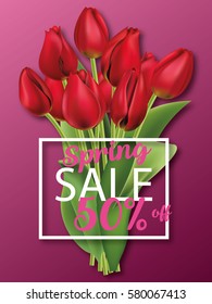 realistic red tulips. bouquet. spring discounts, booklet, brochure vector