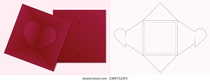 Realistic  Red Valentine's Day Envelope with Heart Icon Isolated with die cut. Invitation, Message, Letter Template. Design Template for Valentines Day Card