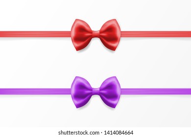 Realistic red and violet bow tie, vector illustration, isolated on white background. Festive decoration design element