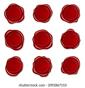 Realistic red wax seal, round sealing stamps. Embossing envelope stamp for envelope or certificate, medieval sealed letter label vector set. Empty aged sign for diploma or confidential document