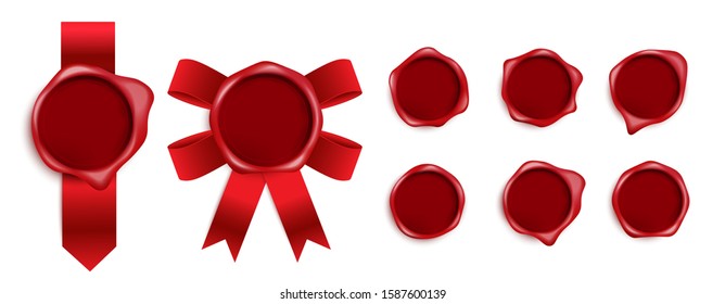 Realistic red wax seal stamp set with silk red ribbon and different shapes. Royal insignia design template inside blank round postage badge, isolated vector illustration.