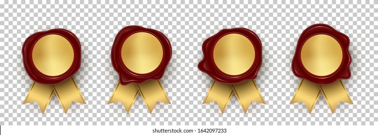 Realistic red wax stamp with gold ribbon. Set on transparent backdrop. Waxing rubber vintage sealing. Template design for envelope, diploma, certificate, official document. Vector illustration