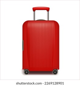 Realistic red wheeled travel bag with hand. Plastic travel suitcase. 3d illustration isolated on white background. Vector illustration.