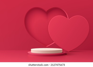 Realistic red and white 3D cylinder pedestal podium with window heart shape background. Valentine minimal scene for products stage showcase, Promotion display. Vector abstract studio room  platform.