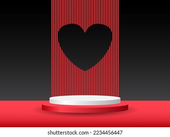 Realistic red and white 3D cylinder pedestal podium with window heart shape background. Valentine minimal scene for products showcase, Promotion display. Vector abstract studio room platform design