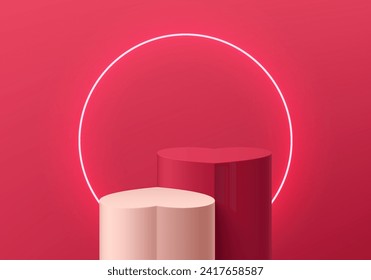 Realistic red and white 3D podium pedestal background in heart shape with neon light circle ring. Valentine minimal scene mockup products showcase, Promotion display. Vector abstract geometric forms.