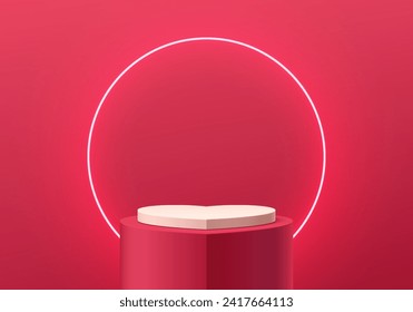 Fondo peatonal 3D de podio rojo y blanco realista en forma de corazón, escena del anillo de neón brillante. Presentación de productos de simulación de escenas de San Valentín mínimo, pantalla de promoción. Diseño de formas geométricas abstractas vectoriales.
