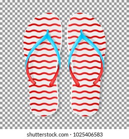 Realistic red and white flip flops. Vector illustration with seasonal summer footwear isolated on transparent background.