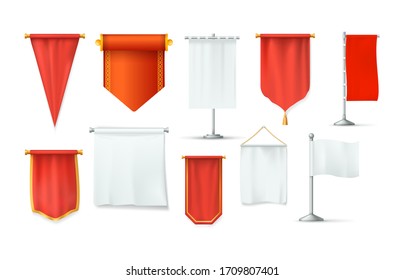 Realistische, rote und weiße Stoffbanner-Set. Banner aus Baumwollgewebe, leere Flaggen, Werbeplakate verschiedener Formen, die auf transparentem Hintergrund zusammengestellt sind. Vektorillustration für realistische Werbung einzeln aufstellen