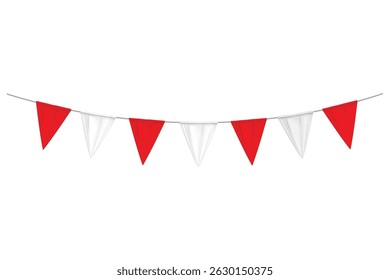 Realistic red and white triangular bunting with shadow effects. Suitable for banners, festive events, or national holidays.