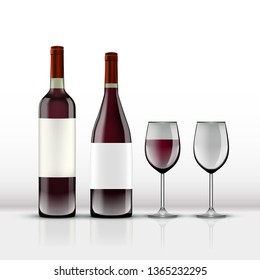 Realistic Red Wine Bottle With Wine Glass Isolated On White. EPS10 Vector