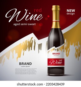 Realistic red wine bottle poster. 3d isolated glass packaging alcoholic beverage, designer label, grape alcohol advertising banner template, vine package mockup, utter vector concept