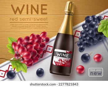 Realistic red wine with grape poster. Noble alcoholic drink in glass bottle, several varieties mix on wooden background, 3d isolated elements, promotional banner template, utter vector concept