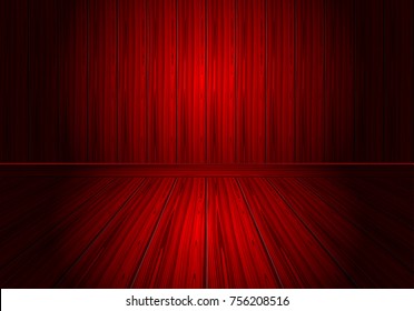 Realistic red wood wall and floor room perspective background vector illustration.