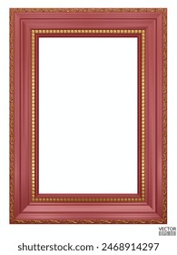 Realistic red wooden vintage frame on white background.  Rectangle frames mockup. Classic Photo wood frame. Dark red border for painting, poster, and photo gallery. 3d vector illustration.