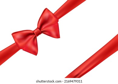 Realistic red wrap ribbon. Satin bow or fashion tie, band corner bow transparent background present gift box package christmas holiday birthday valentine day 3d vector illustration. Ribbon gift satin