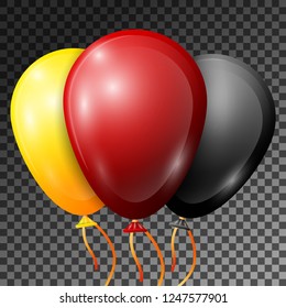 Realistic Red, Yellow, Black Balloons with ribbons isolated on transparent background. Vector illustration of shiny colorful glossy balloons for Birthday party