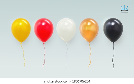 Realistic red, yellow, black, white and glossy golden balloon. Glossy realistic 3d balloon for Birthday party. For your design and business. Vector illustration. Isolated on white background.