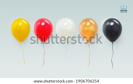 Realistic red, yellow, black, white and glossy golden balloon. Glossy realistic 3d balloon for Birthday party. For your design and business. Vector illustration. Isolated on white background.