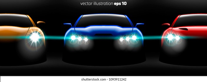 realistic red yellow blue three sport car view with unlocked headlights in the dark