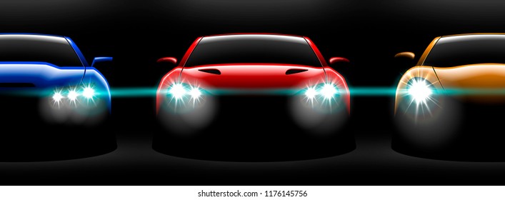 realistic red yellow blue three sport car view with unlocked headlights in the dark