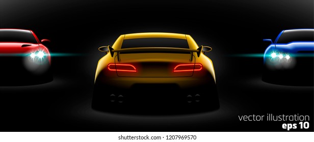 realistic red yellow blue three sport car view with unlocked headlights in the dark